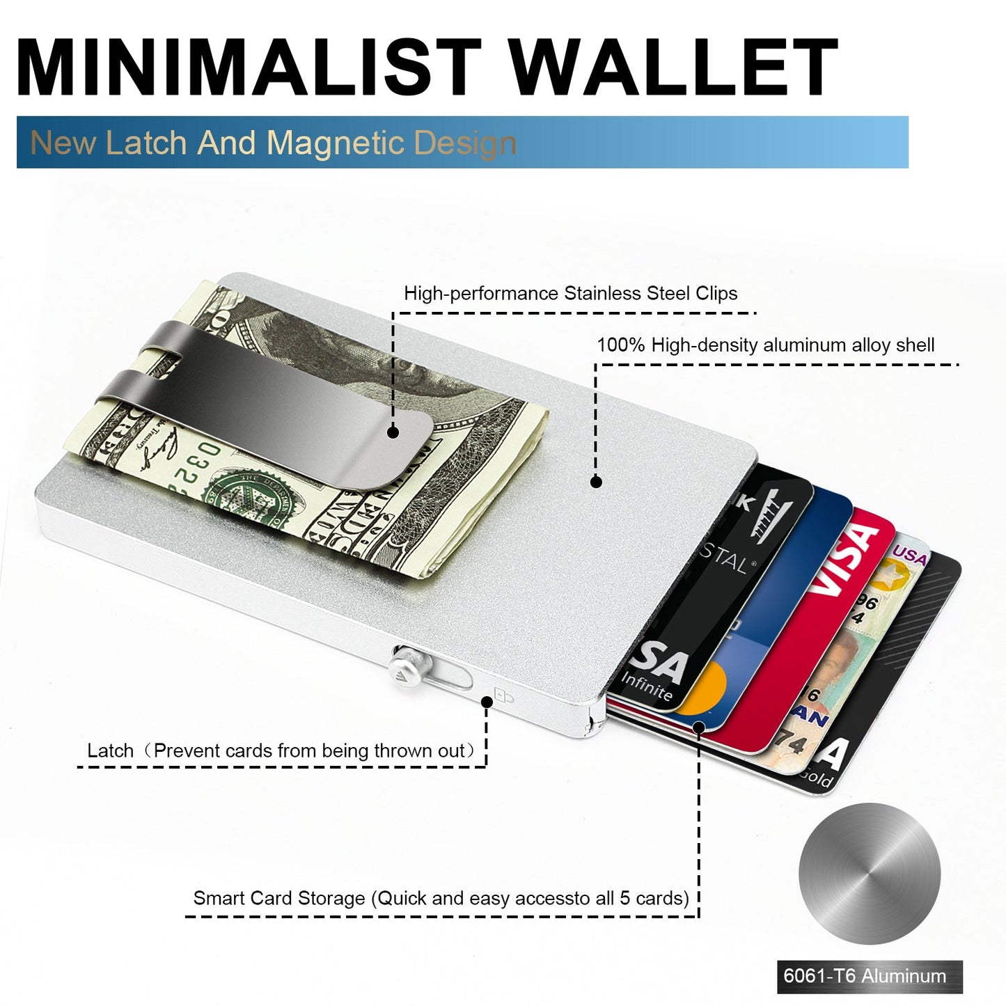 Minimalist Pop up Wallet with Money Clip, All Aluminum Slide Rfid Slim Card Holder - Smart Gadgets