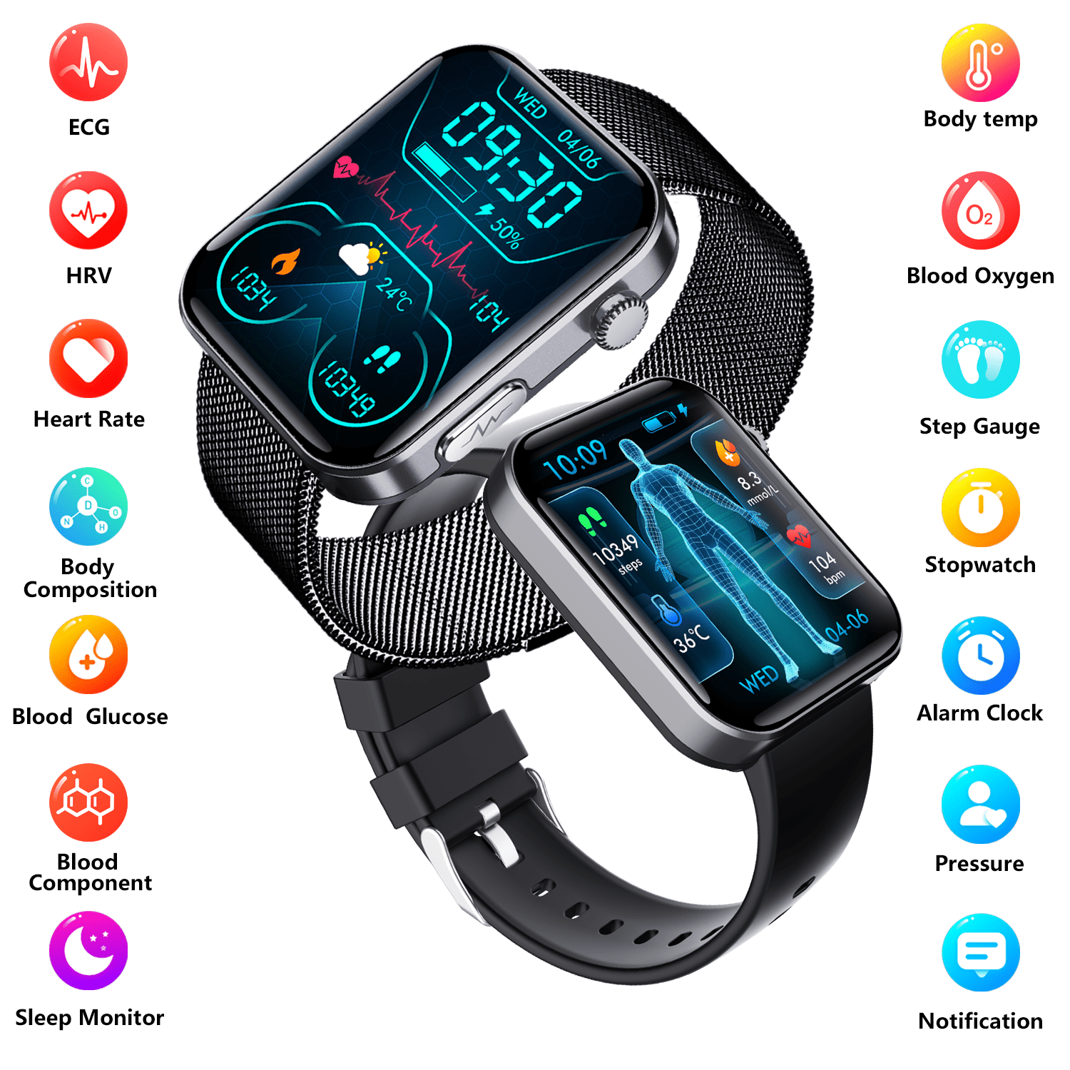 ECG smart watch with blood pressure monitor body temperature blood glucose heart rate blood oxygen - Smart Gadgets