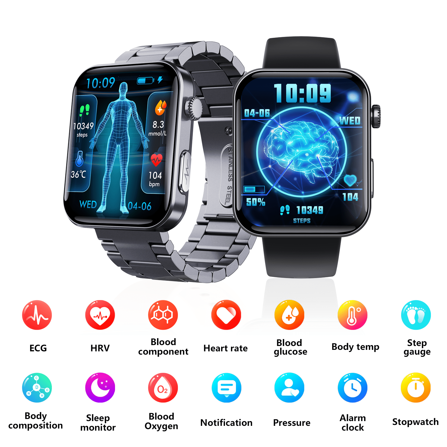 ECG smart watch with blood pressure monitor body temperature blood glucose heart rate blood oxygen - Smart Gadgets