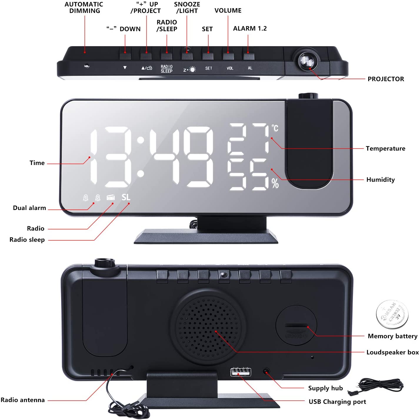 LED Projection Digital Alarm Clock Phone Charger - Smart Gadgets