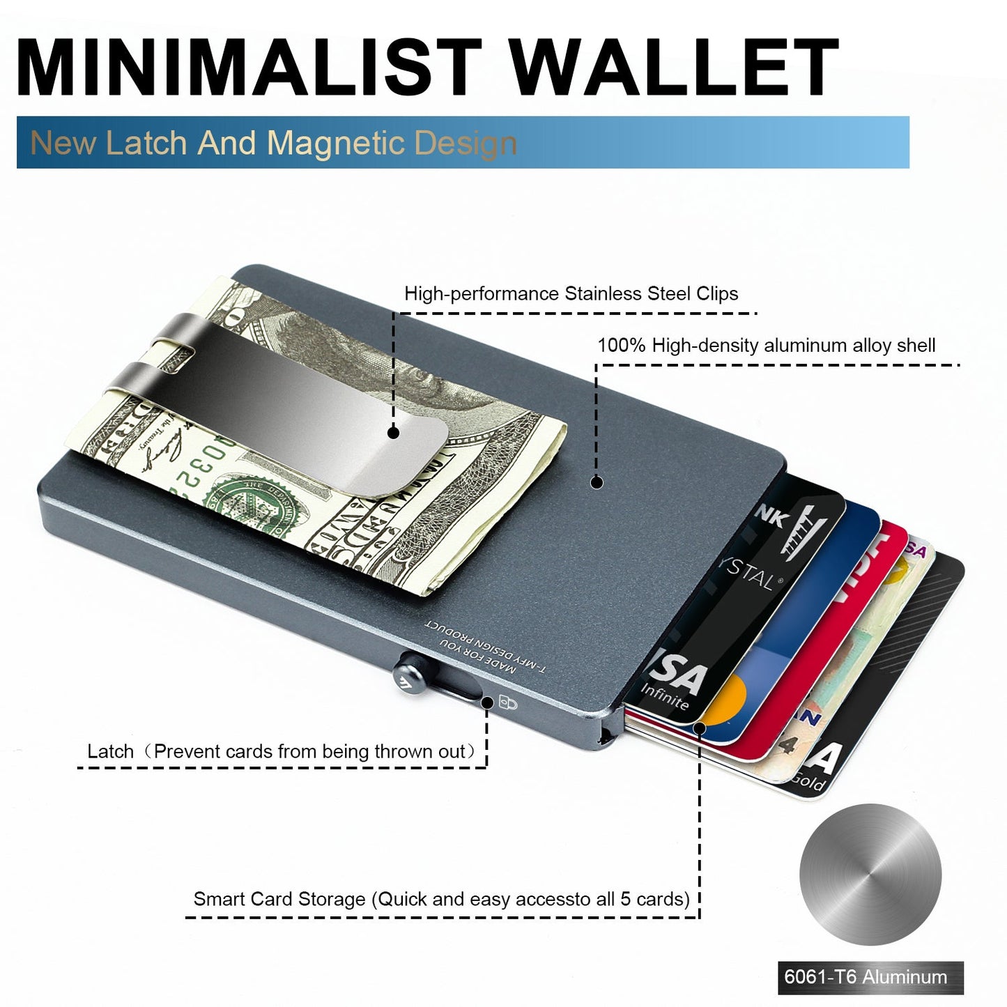 Minimalist Pop up Wallet with Money Clip, All Aluminum Slide Rfid Slim Card Holder - Smart Gadgets